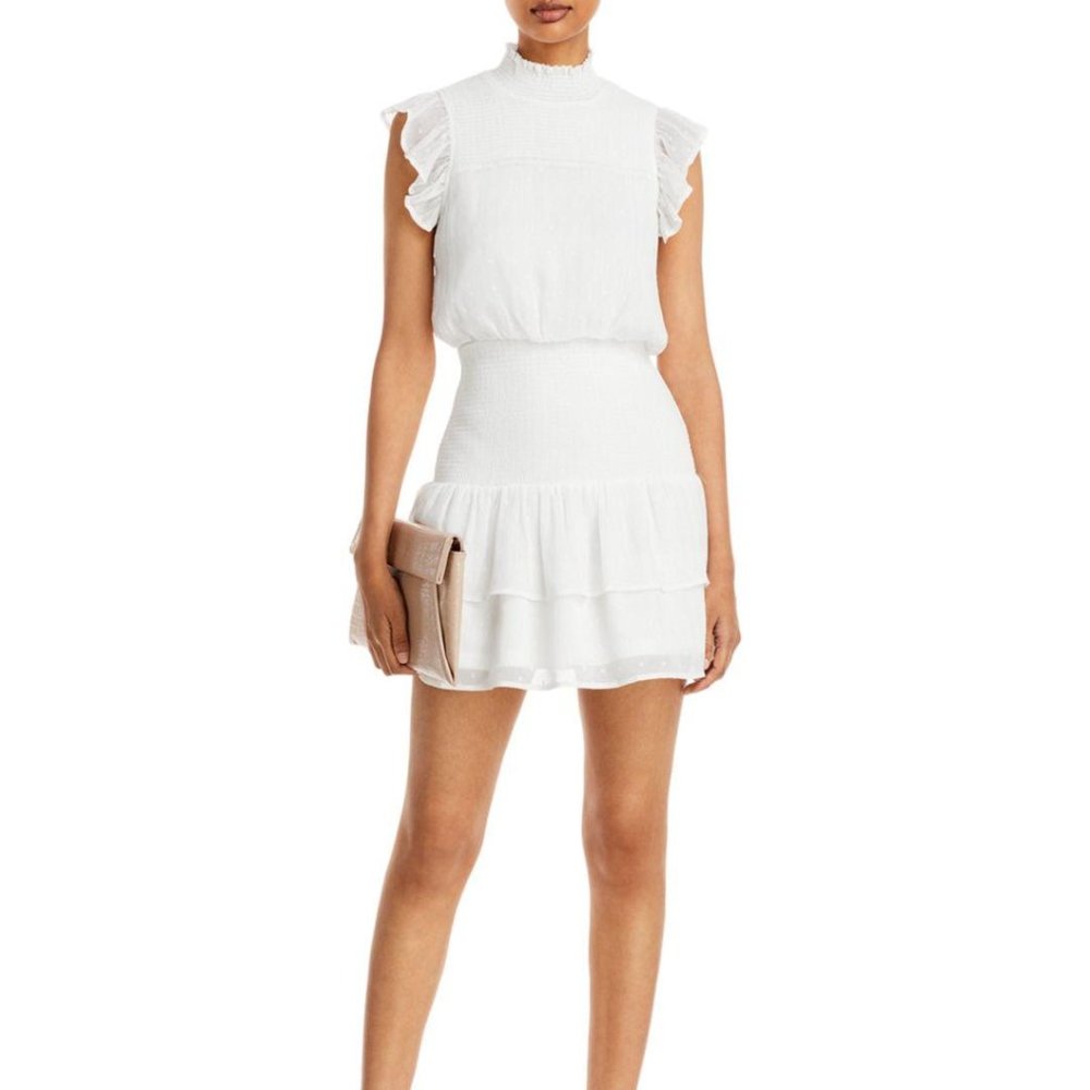 AQUA WHITE SHORT SLEEVE SMOCKED MINI DRESS